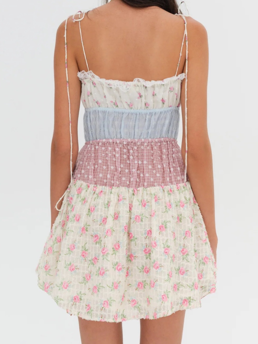 For Love And Lemons Pastel Patchwork Floral Tie-Shoulder Mini Dress - Picture 2 of 3